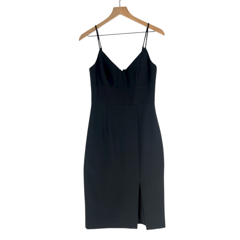 Eliza J Black Crepe V-Neck Midi Dress Spaghetti Straps Front Slit Empire Waist 4